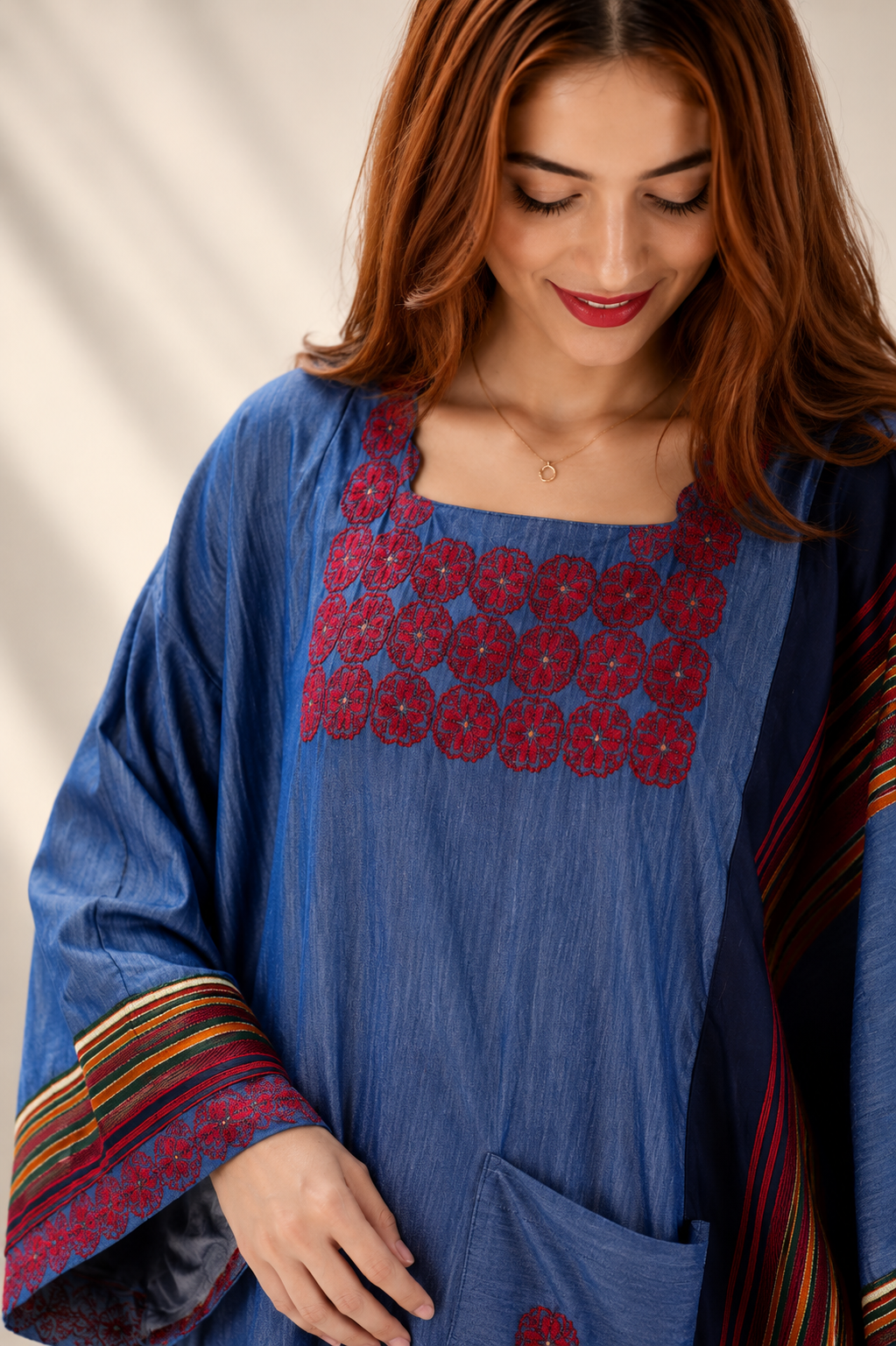 Tulip Denim Abaya Dress – Handmade Palestinian Tatreez