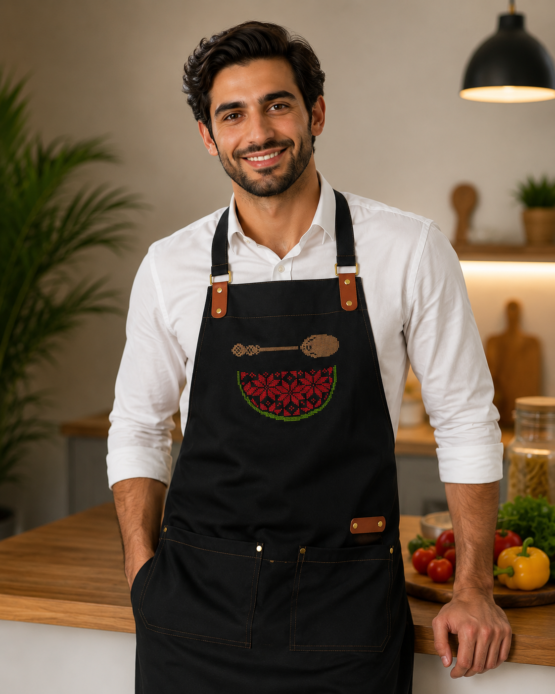 Black Waterproof Apron with Watermelon Embroidery | Handmade