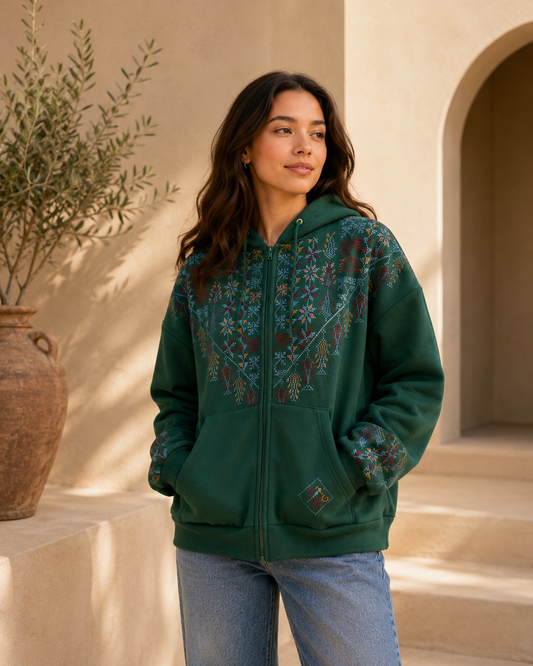 Sahar Green Zipper Hoodie – Handmade Palestinian Floral Tatreez