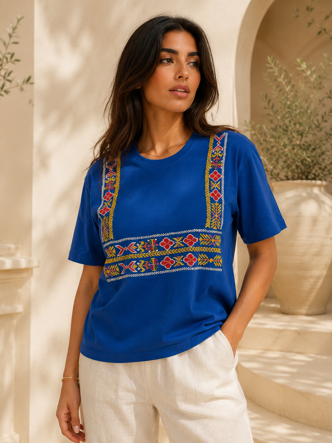 Eleen: Royal Blue Cotton T-Shirt with Handmade Palestinian Embroidery