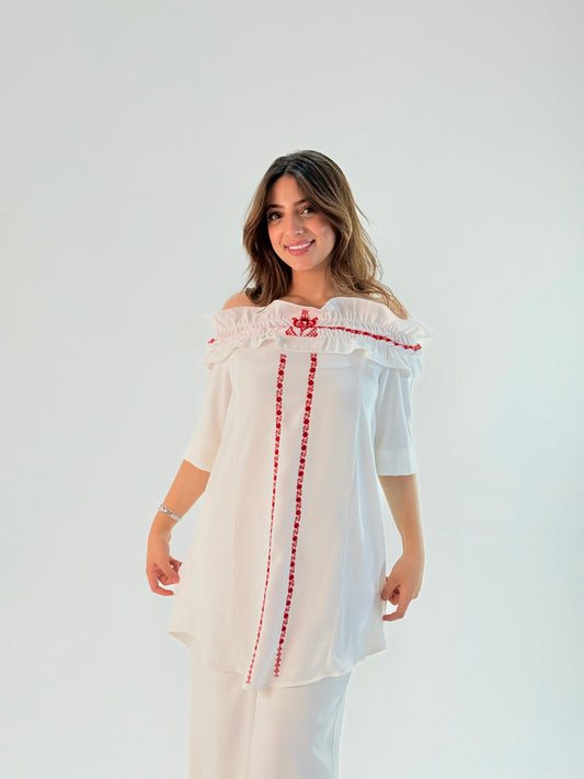 Tulip: Cute Off-Shoulder Dress with Handmade Red Embroidery