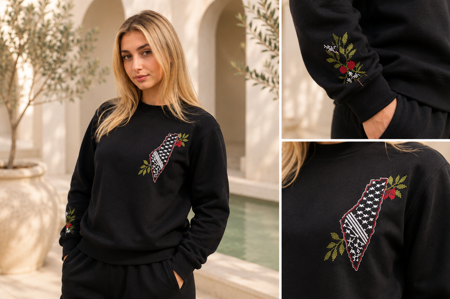 Sweatshirt – Handmade Palestinian Map & Olive Branch Tatreez
