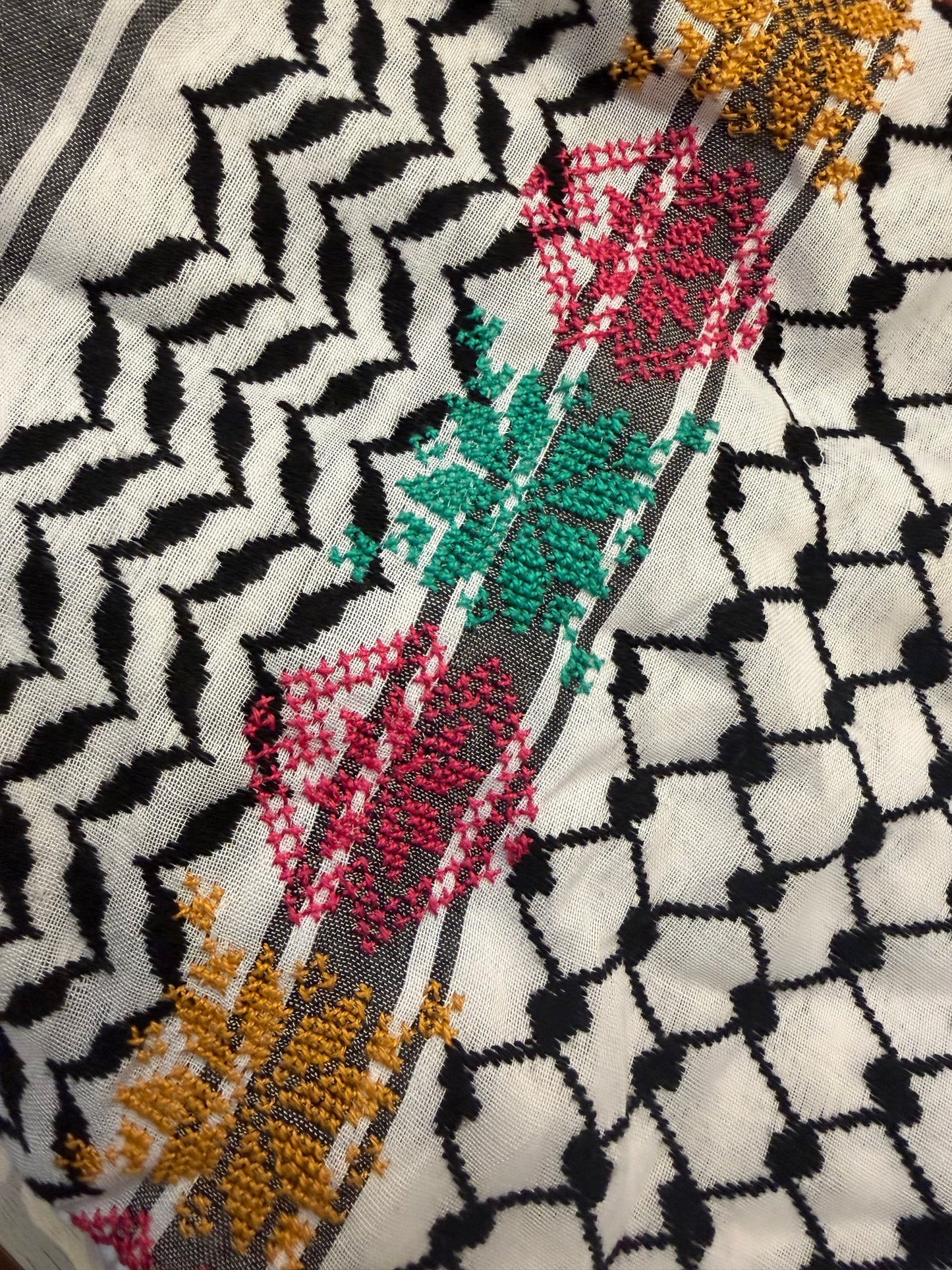 Black & White Keffiyeh – Handmade Green, Pink & Orange Tatreez
