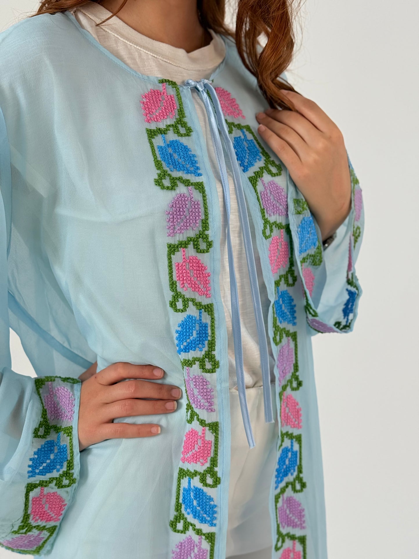 Fiona: Handmade Chiffon Light Blue Abaya with Vibrant Crochet