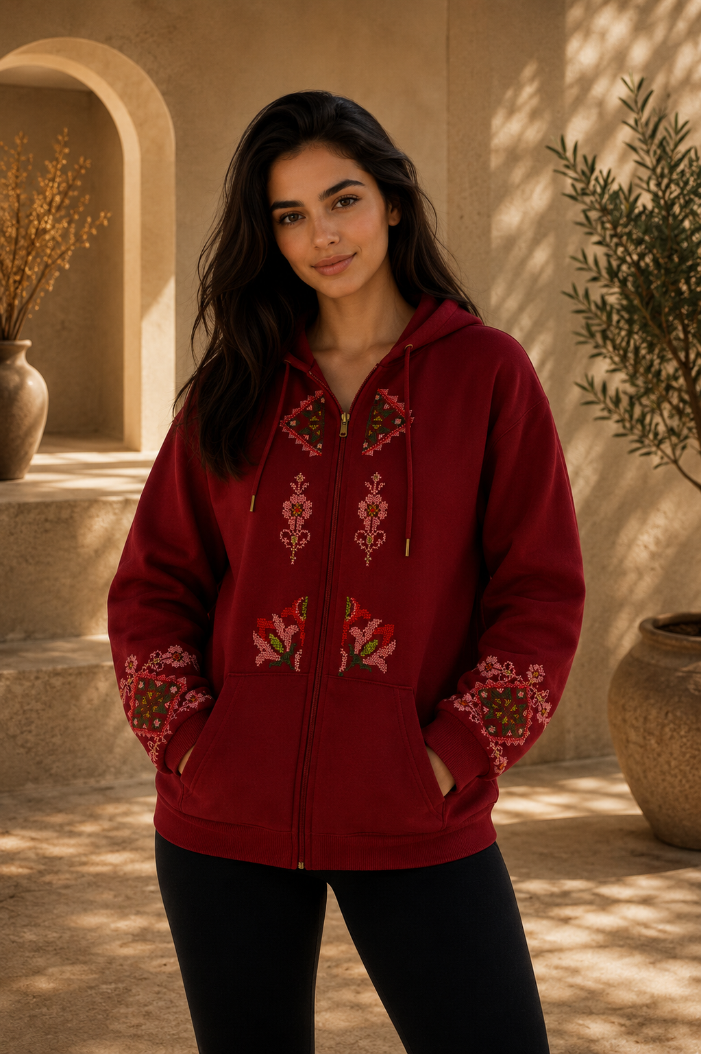 Passion Red Zipper Hoodie – Handmade Palestinian Tatreez