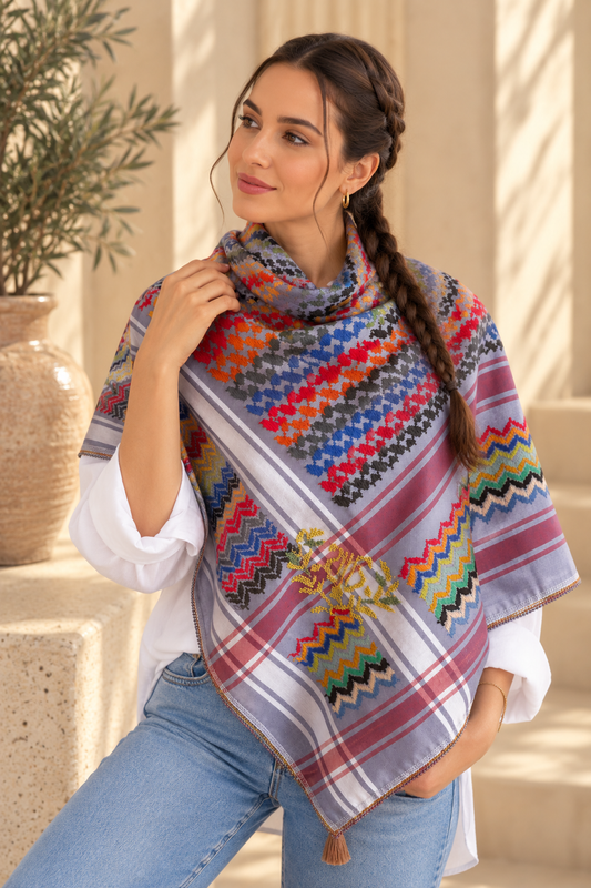 Lavender Breeze: A Multicolored Keffiyeh with Exquisite Embroidery