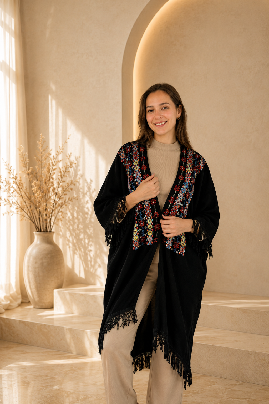 Handmade Free Size Embroidered Black Kimono with Tassels - Stylish Crepe Georgette Jacket