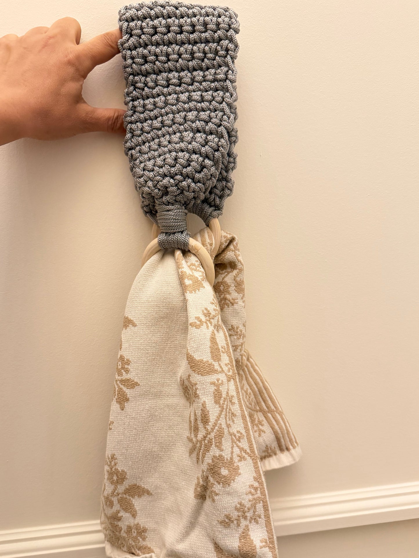 Handmade Crochet Kitchen Towel Hanger | Grey Boho Holder