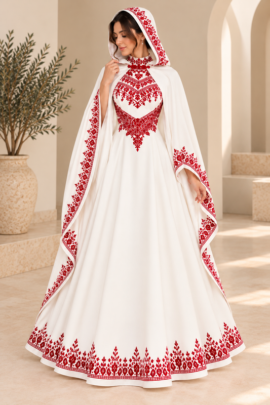 Amal Palestinian Bridal Henna Dress and Cape – Hand Embroidery – photo 3 | Tatreez Banatna