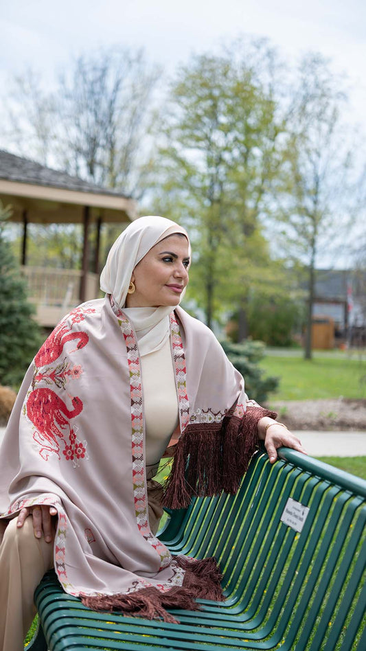 Swan Embroidered Georgette Shawl | Tatreez Banatna