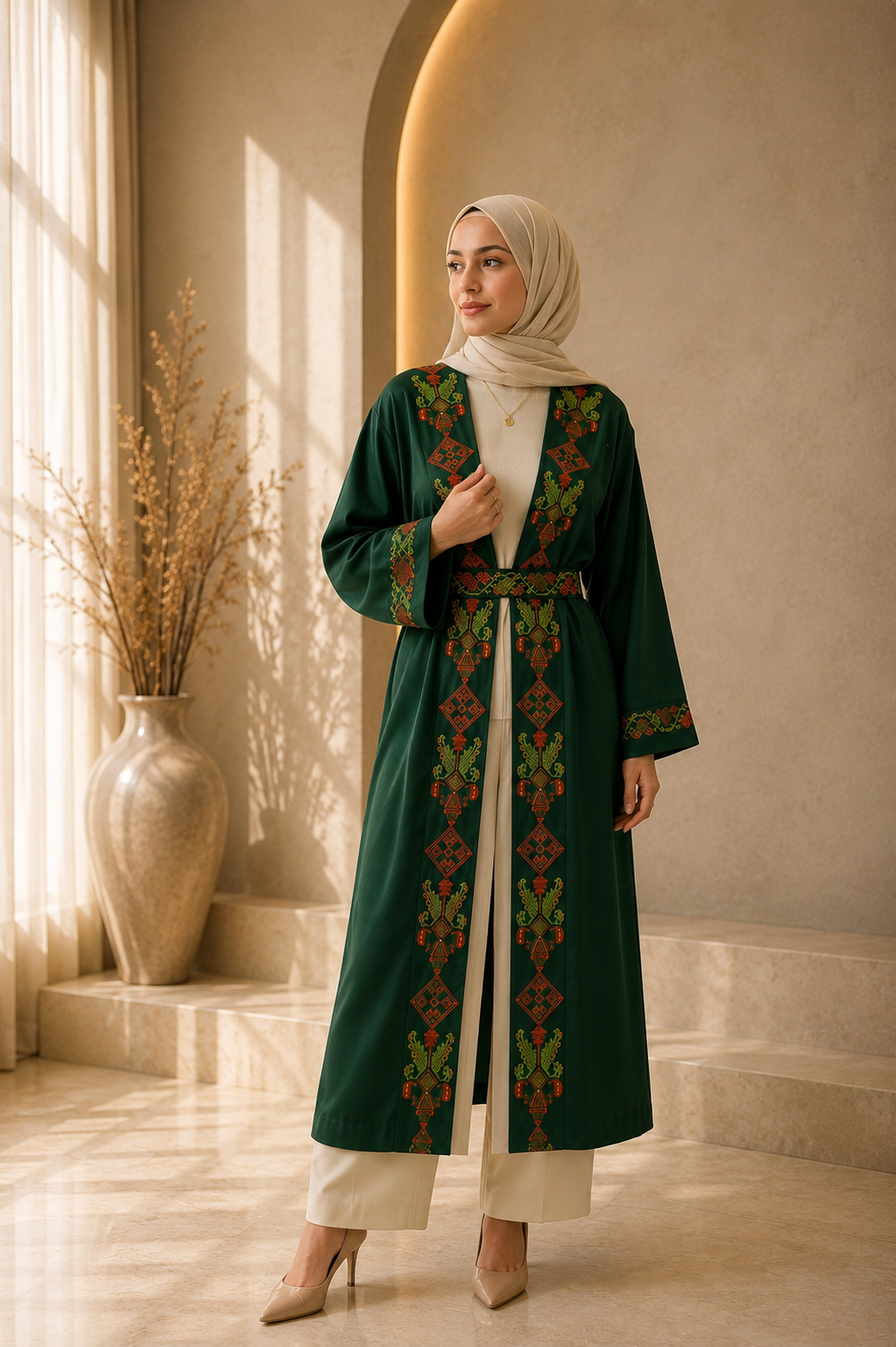 Green Abaya Robe – Handmade Palestinian Tatreez | Custom Sizes