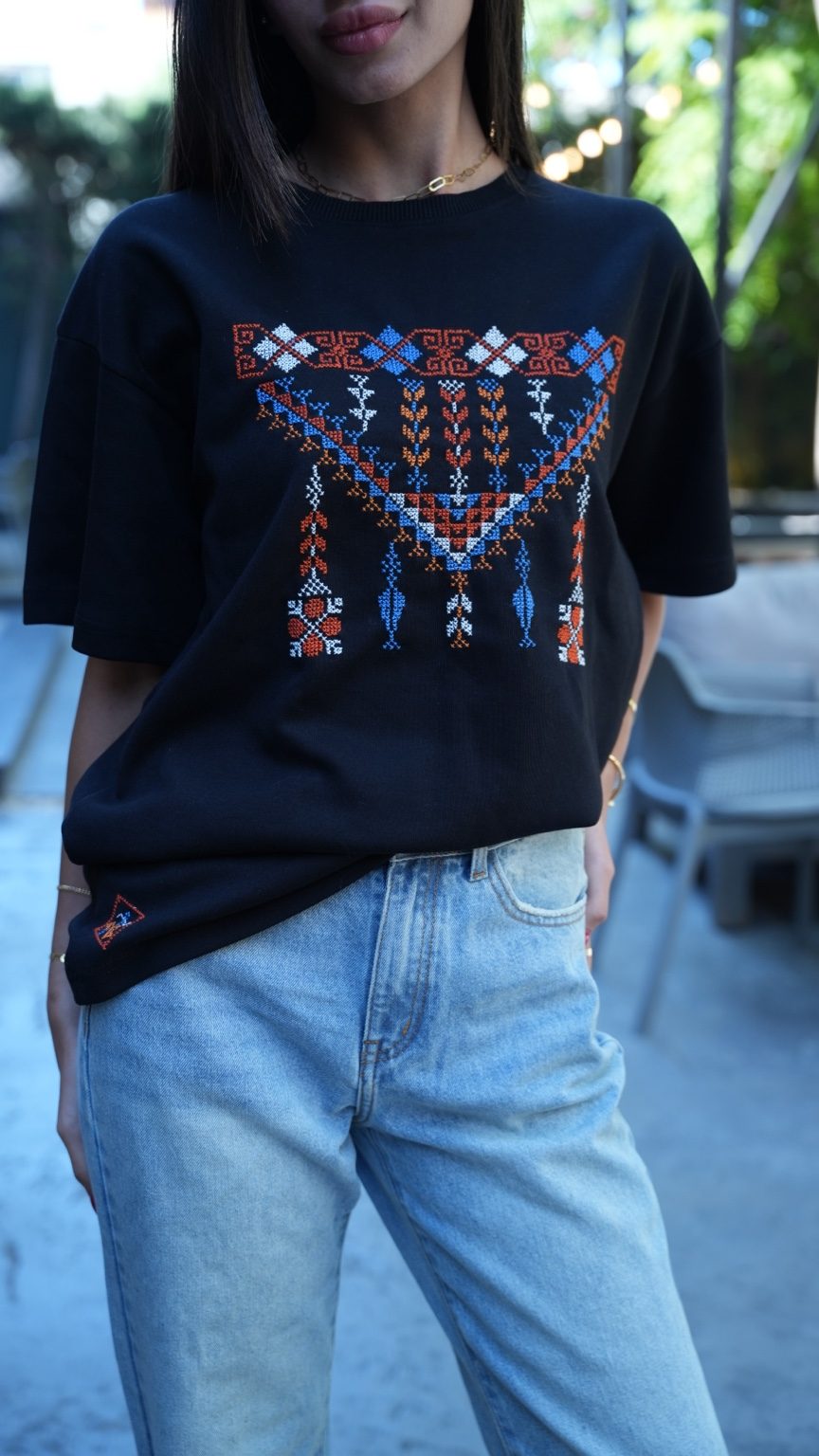 Honor: Handmade Oversized Black T-Shirt with Vibrant Palestinian Embroidery