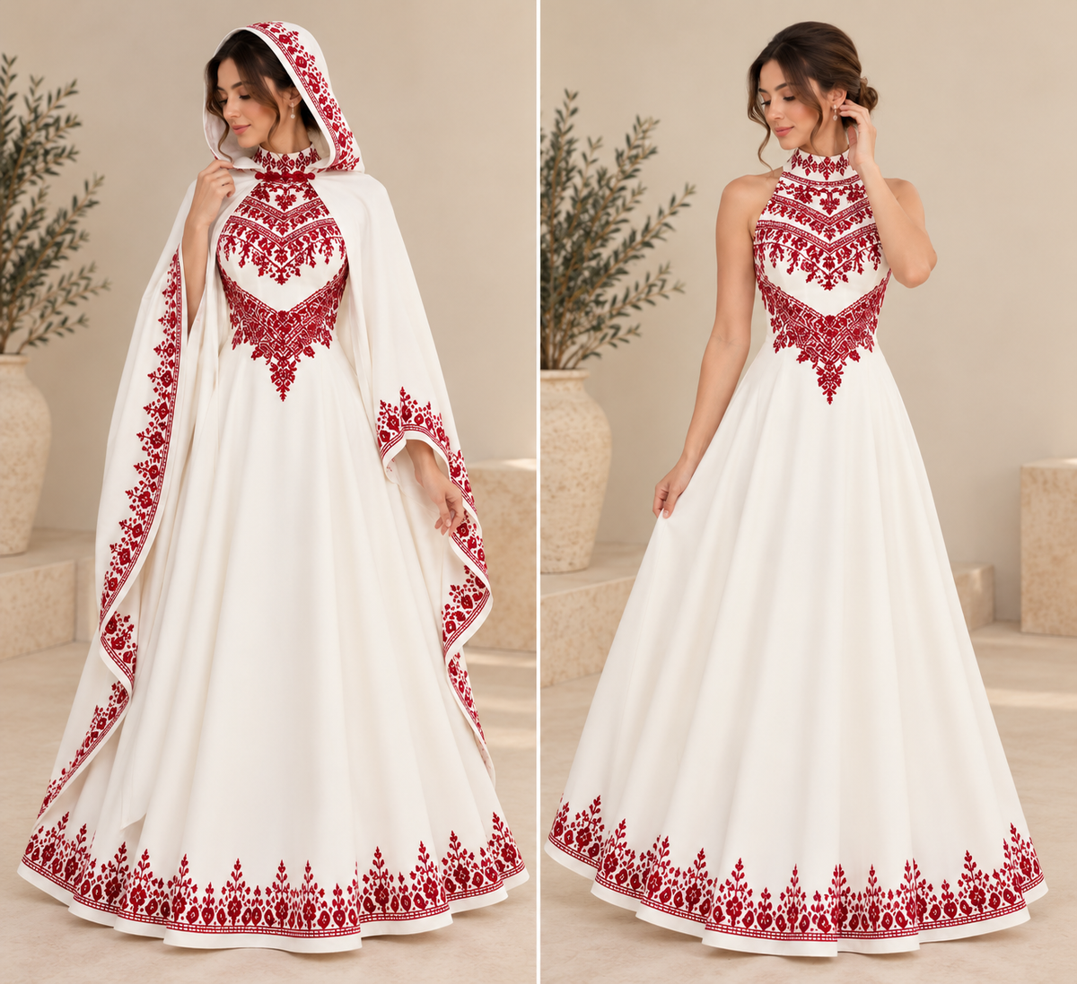 Amal Palestinian Bridal Henna Dress and Cape – Hand Embroidery | Tatreez Banatna