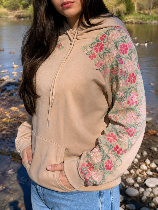 Beige Hoodie – Handmade Floral Palestinian Tatreez Embroidery