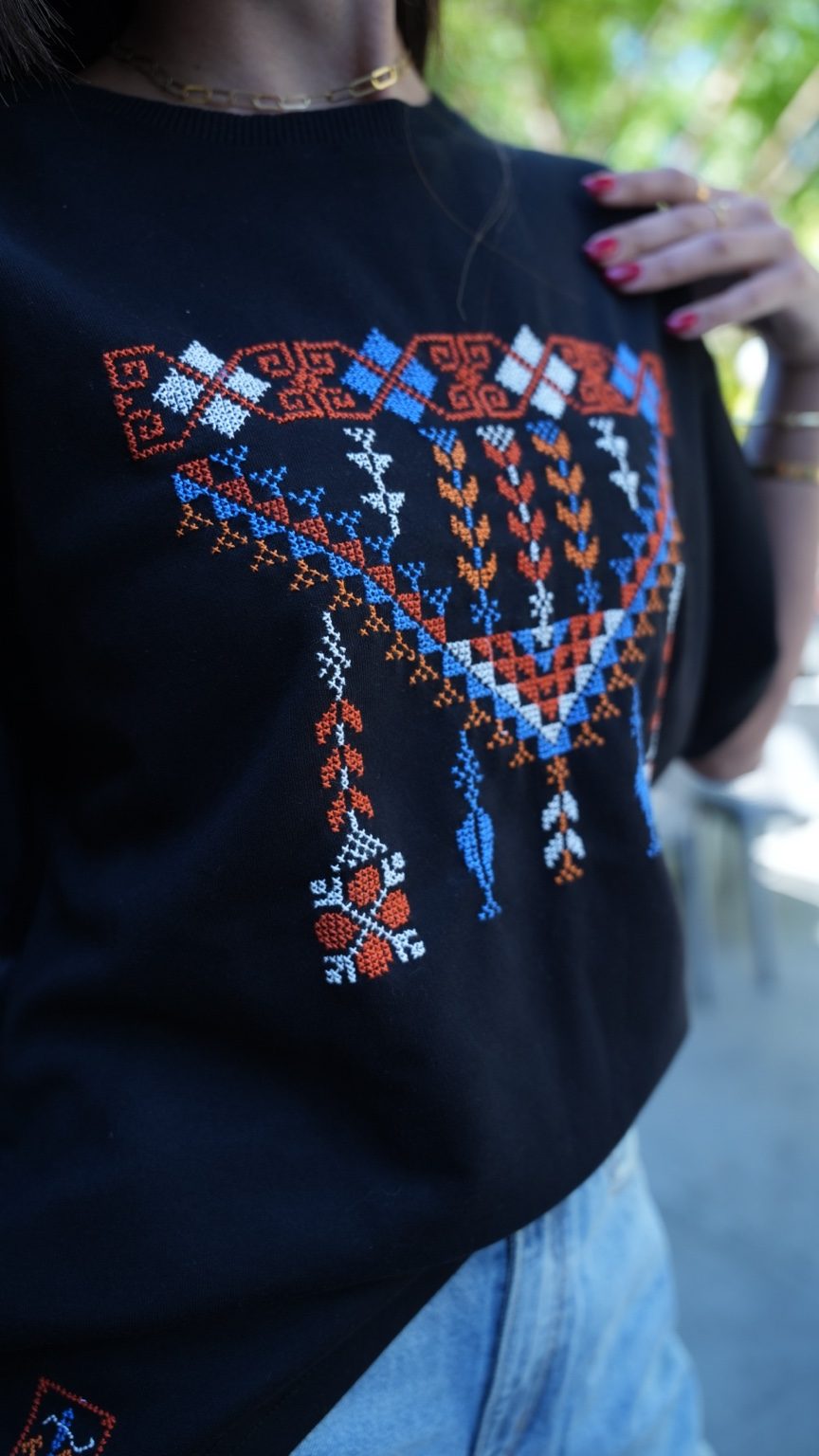 Honor: Handmade Oversized Black T-Shirt with Vibrant Palestinian Embroidery