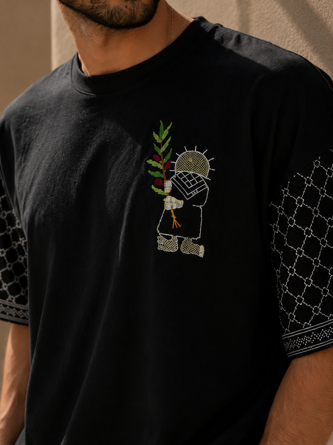 "Forever" Black Cotton Oversized T-Shirt with Handmade Embroidery