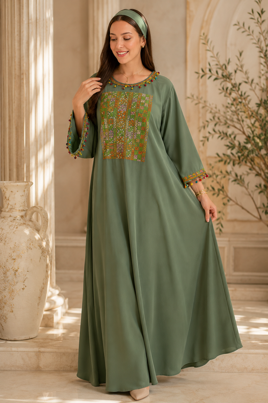 Green Crepe Georgette Dress – Handmade Palestinian Tatreez & Tassels