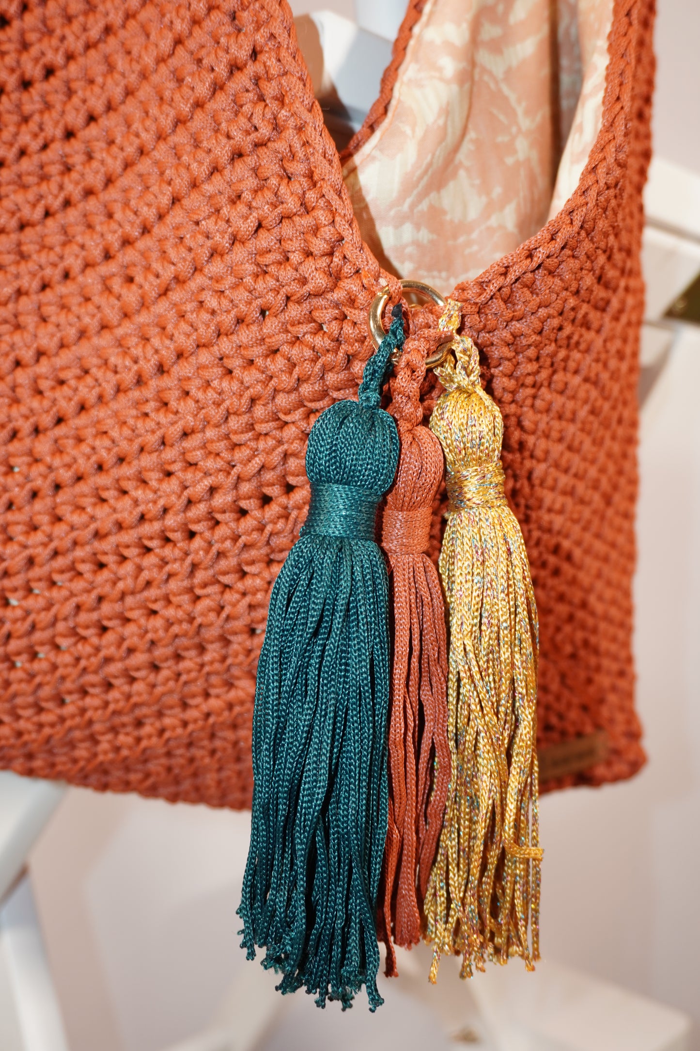 Handmade Crochet Brick Terracotta Bag with Tassels | Tatreez Banatna