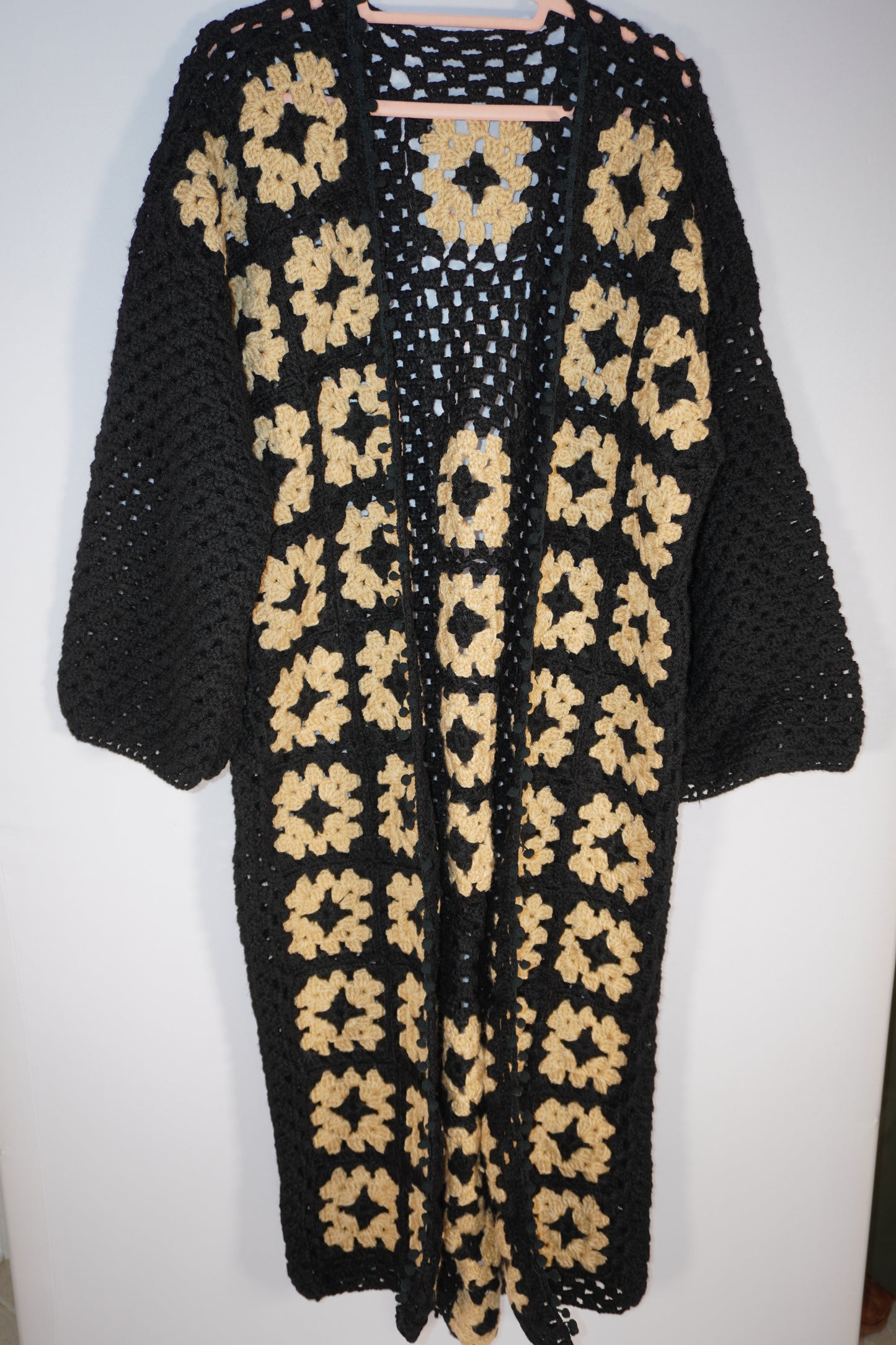 Black Crochet Cardigan with Cream Motifs | Tatreez Banatna