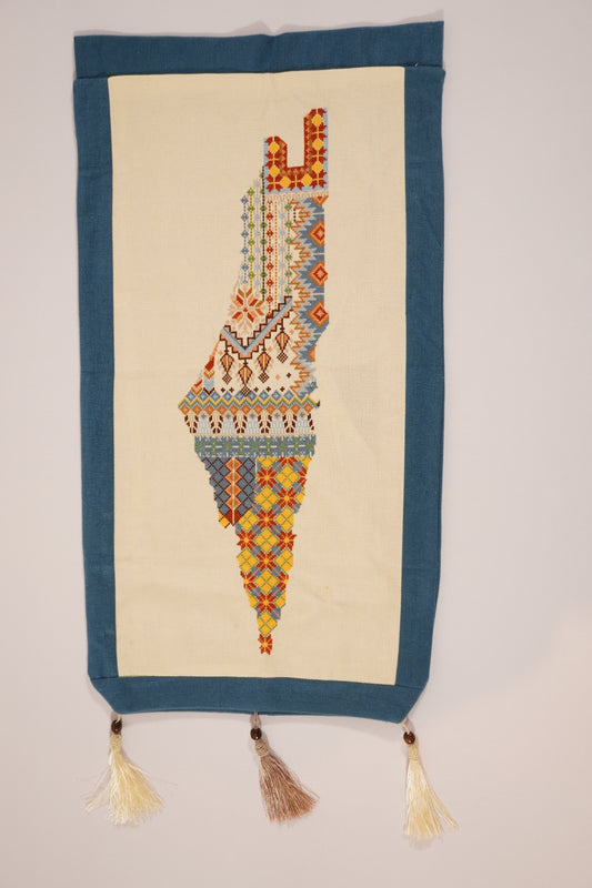 Handmade moallaqa Palestine map wall hanging with tatreez embroidery