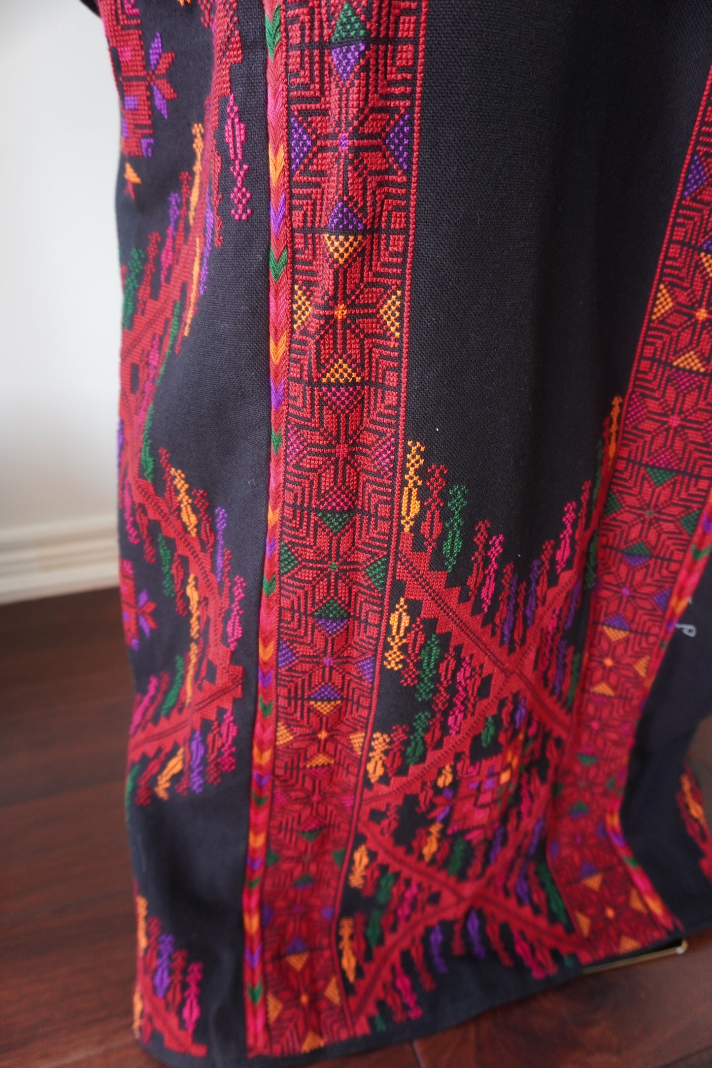 Stunning Handmade Black Thoub with Vibrant Palestinian Embroidery from Yata Al Khalil