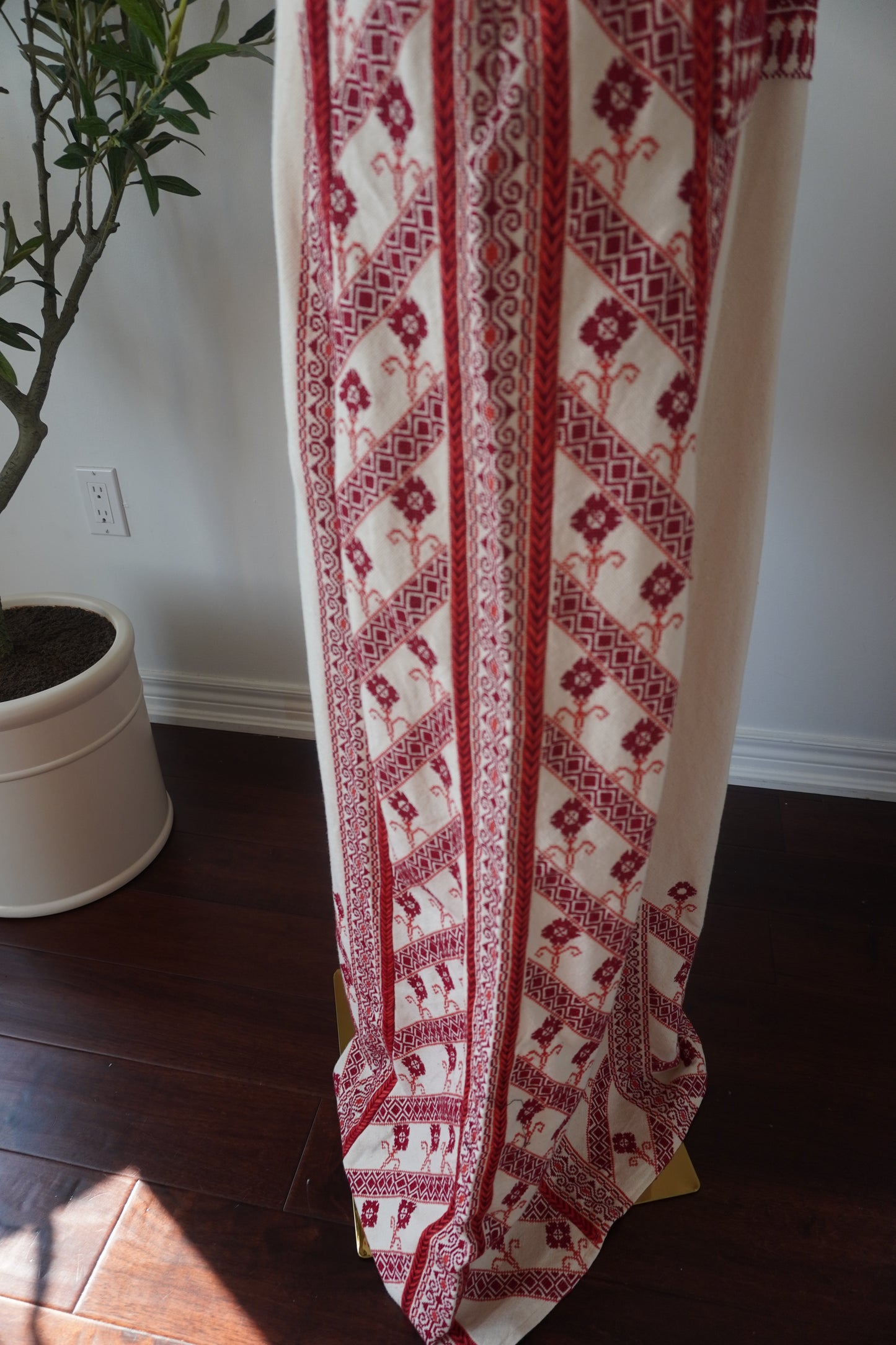 Exquisite Hand-Made Off-White Thoub with Red and Orange Palestinian Embroidery from Yata Al Khalil