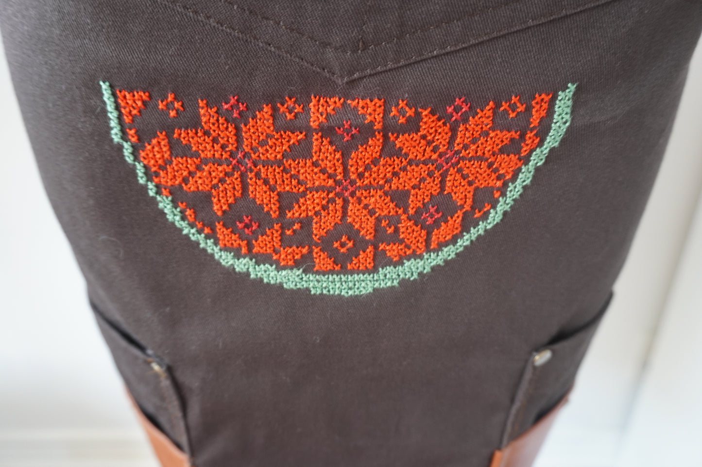 Brown Apron with Spoon and Watermelon Slices on the Pocket and Watermelon Design on the Lower Part for Kitchen or Barbecue Gatherings