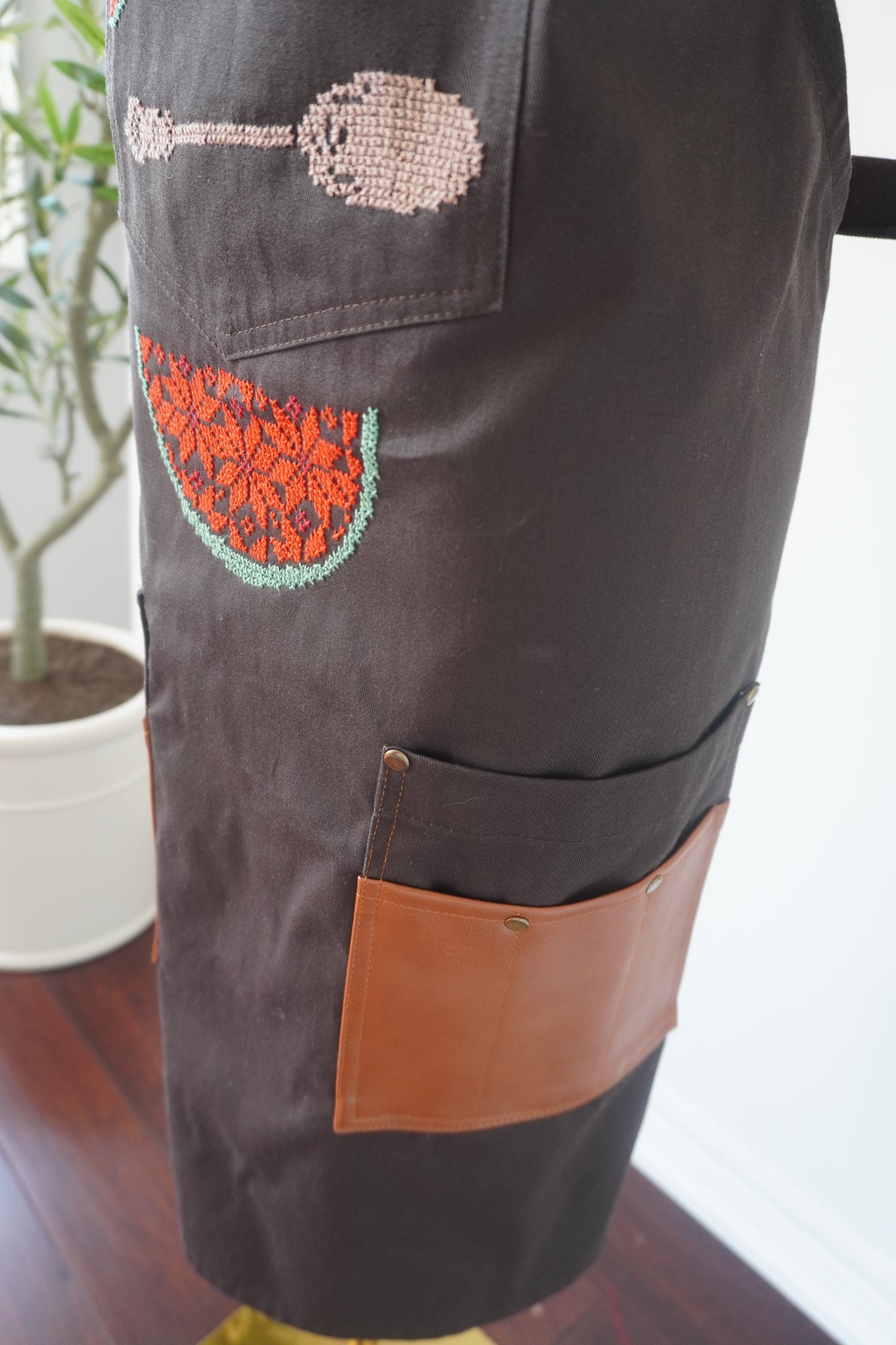 Brown Apron with Spoon and Watermelon Slices on the Pocket and Watermelon Design on the Lower Part for Kitchen or Barbecue Gatherings