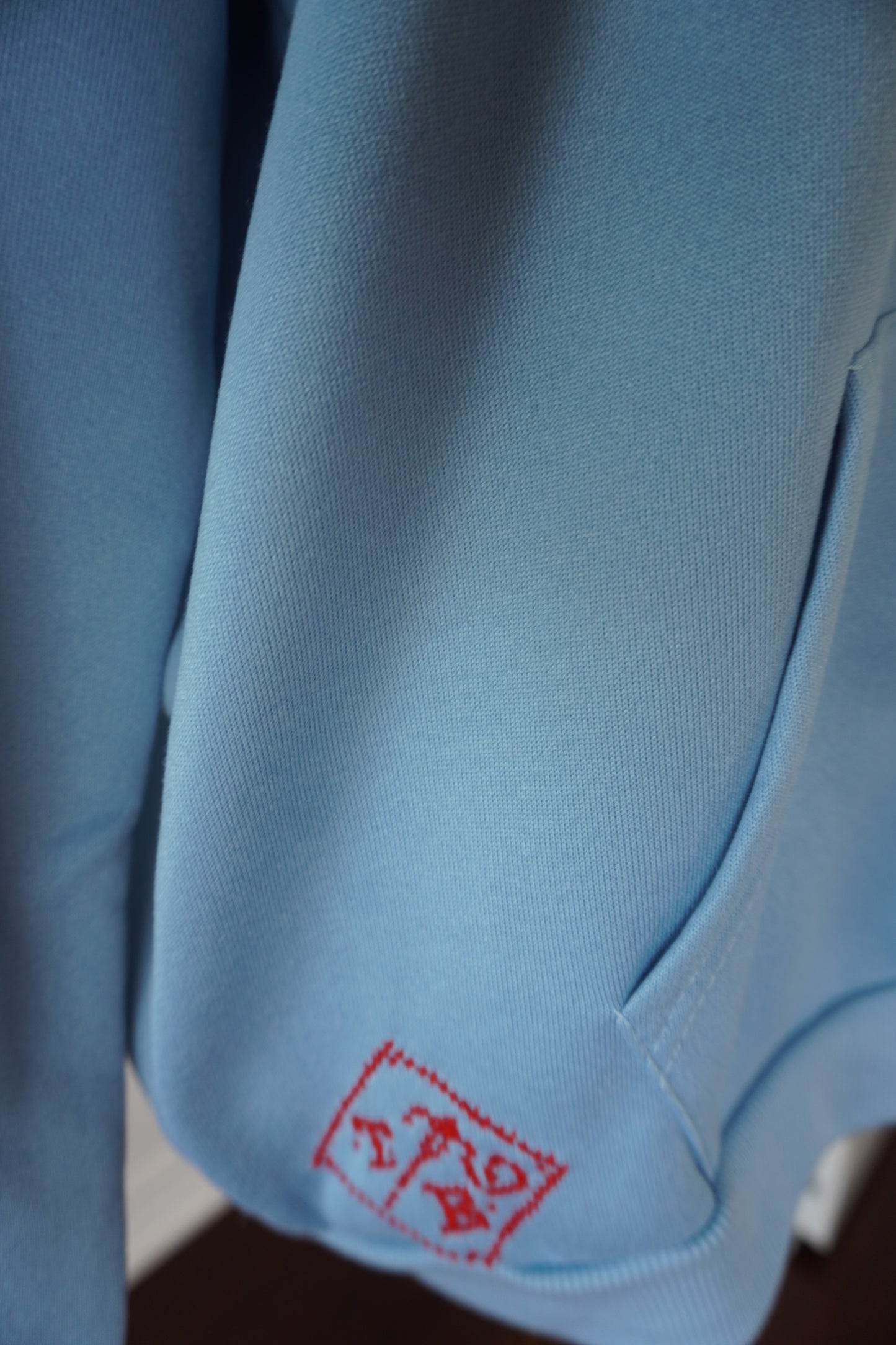 Light Blue Cotton Hoodie with Red Embroidery | Handmade in Ramallah