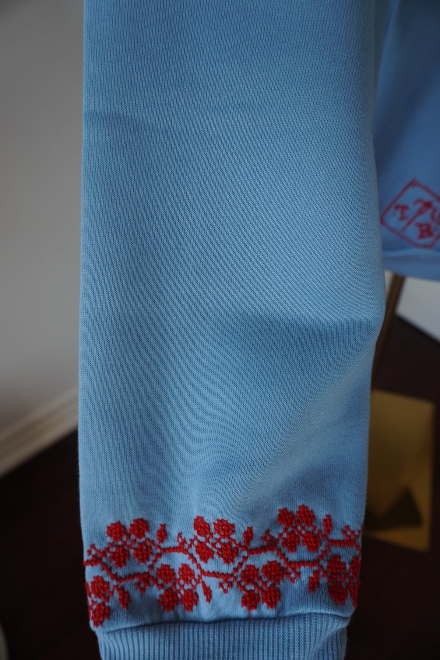 Light Blue Cotton Hoodie with Red Embroidery | Handmade in Ramallah