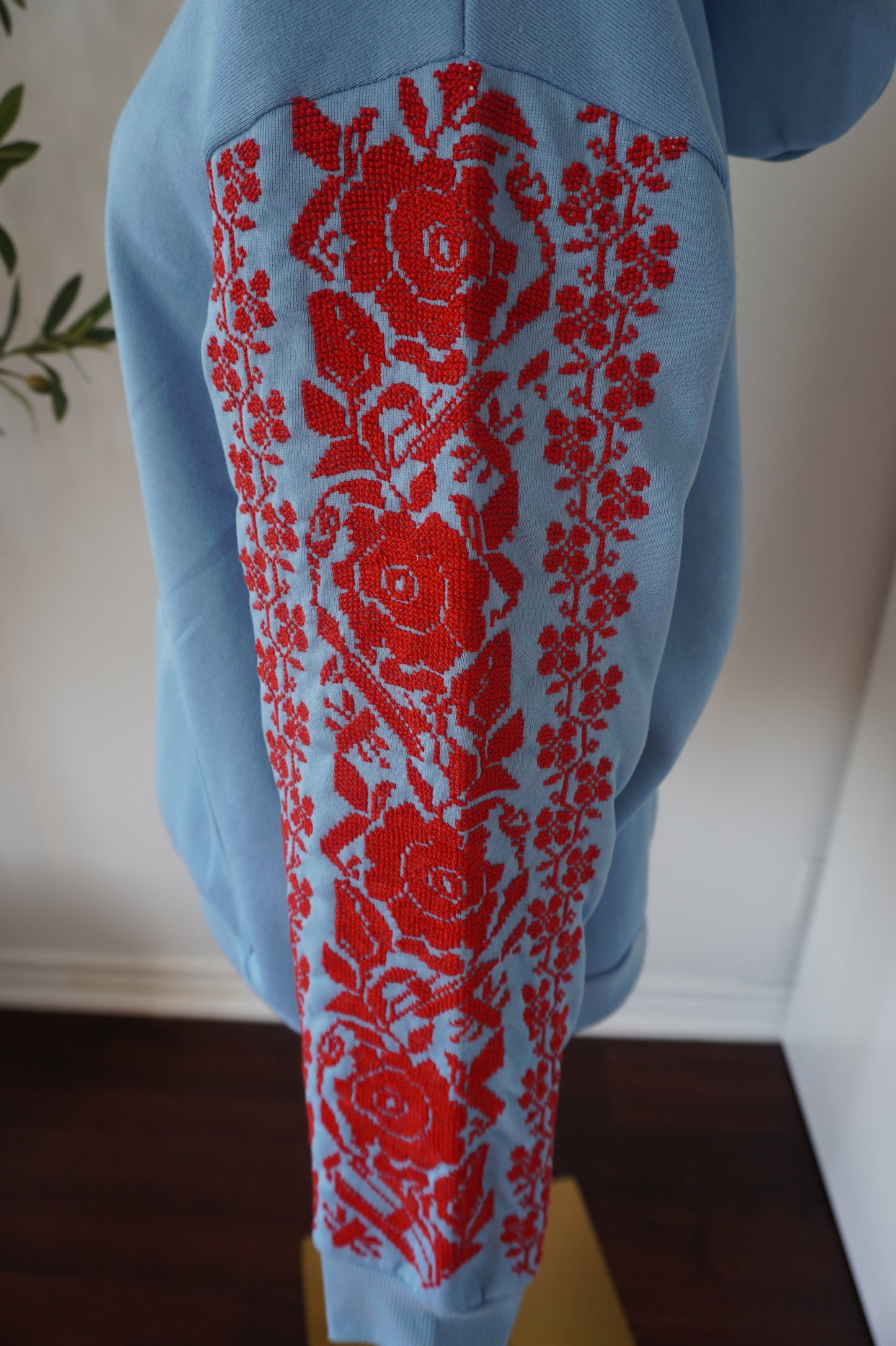 Light Blue Cotton Hoodie with Red Embroidery | Handmade in Ramallah