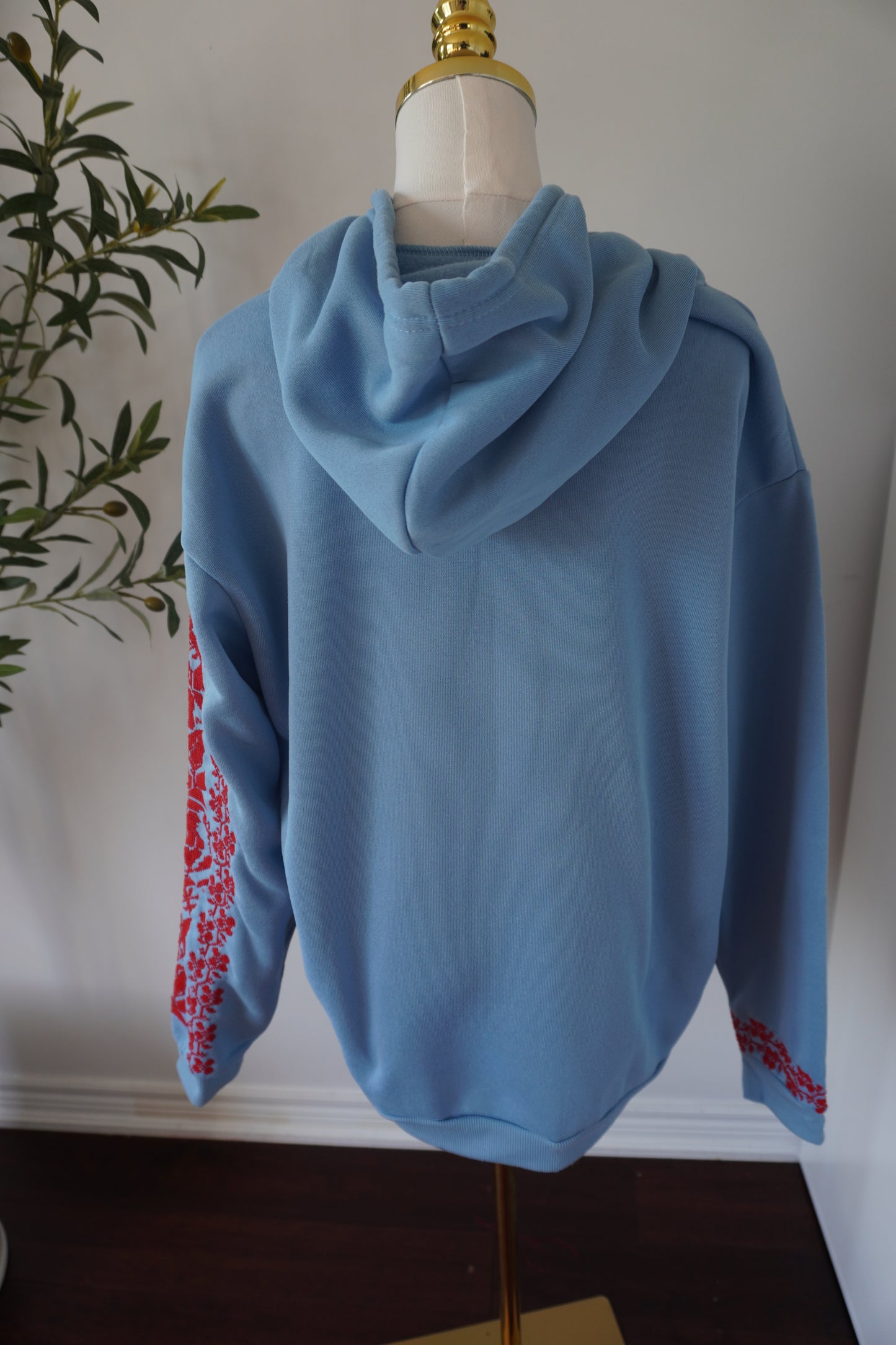 Light Blue Cotton Hoodie with Red Embroidery | Handmade in Ramallah