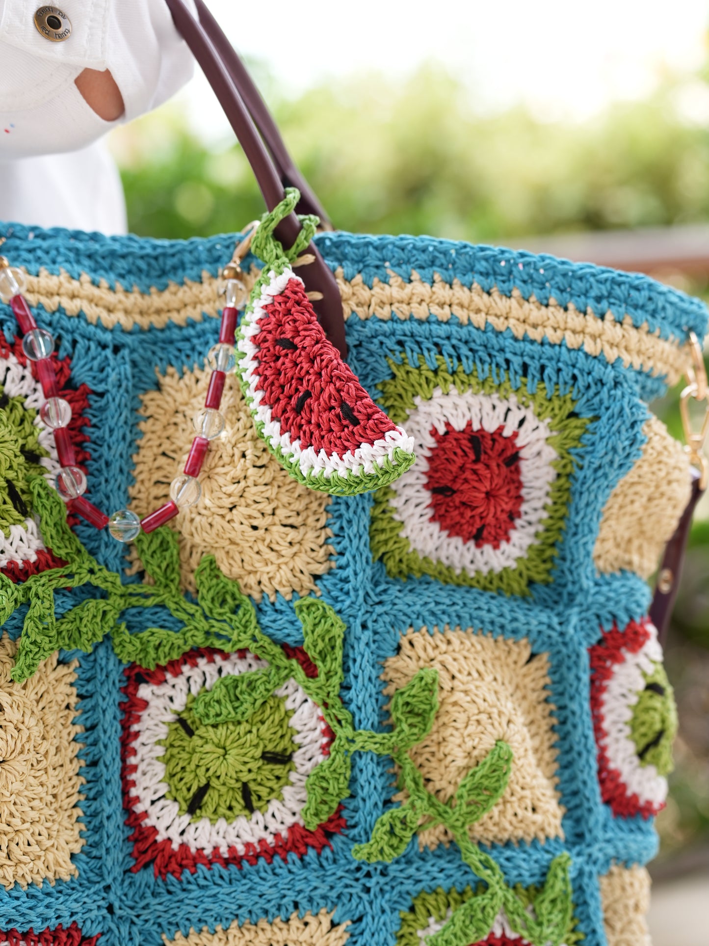 XL handmade crochet tote bag with watermelon and kufiya-inspired patterns in vibrant colors, unique Palestinian artisan summer bag