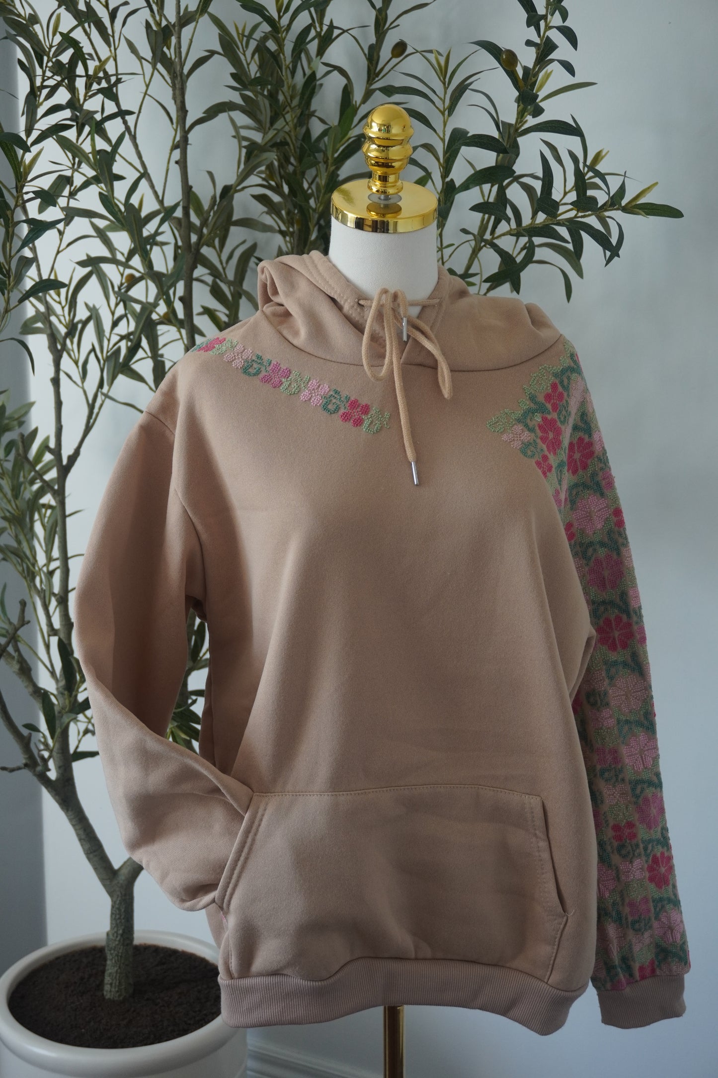 Beige Hoodie with Floral Tatreez Embroidery