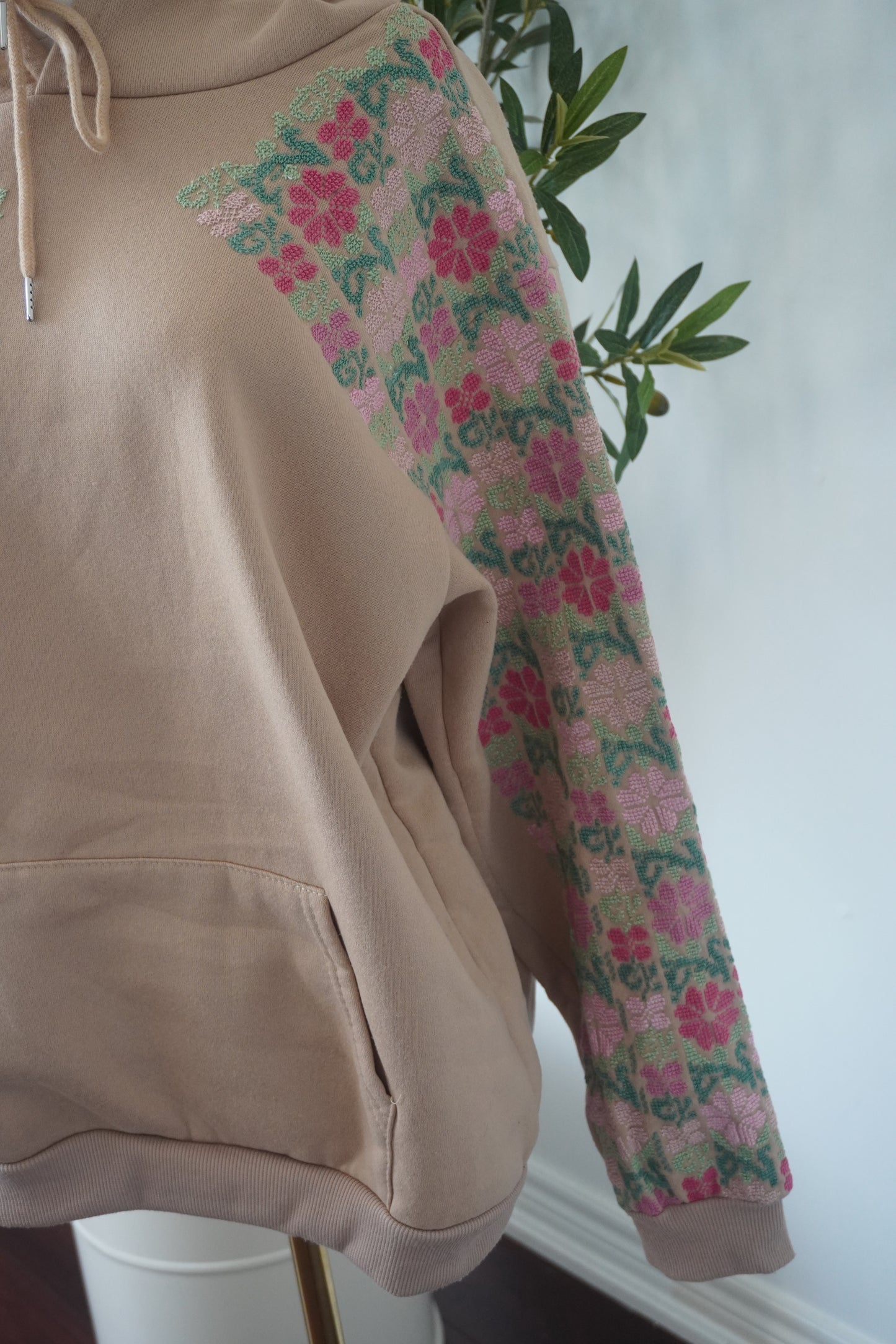 Beige Hoodie with Floral Tatreez Embroidery