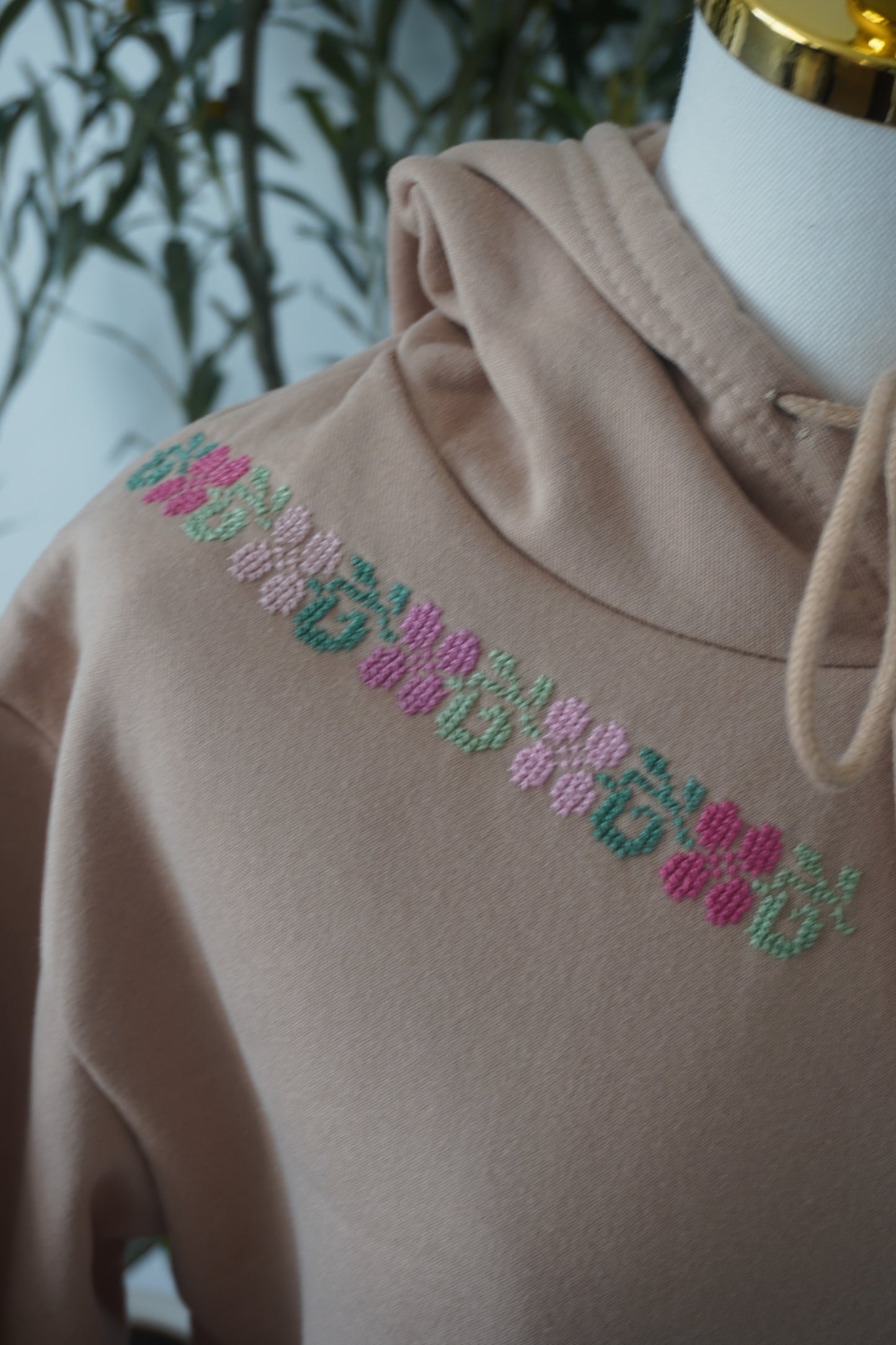 Beige Hoodie with Floral Tatreez Embroidery