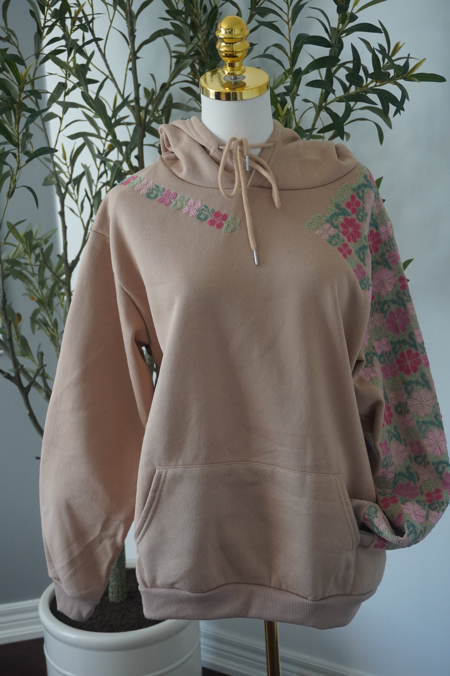 Beige Hoodie with Floral Tatreez Embroidery