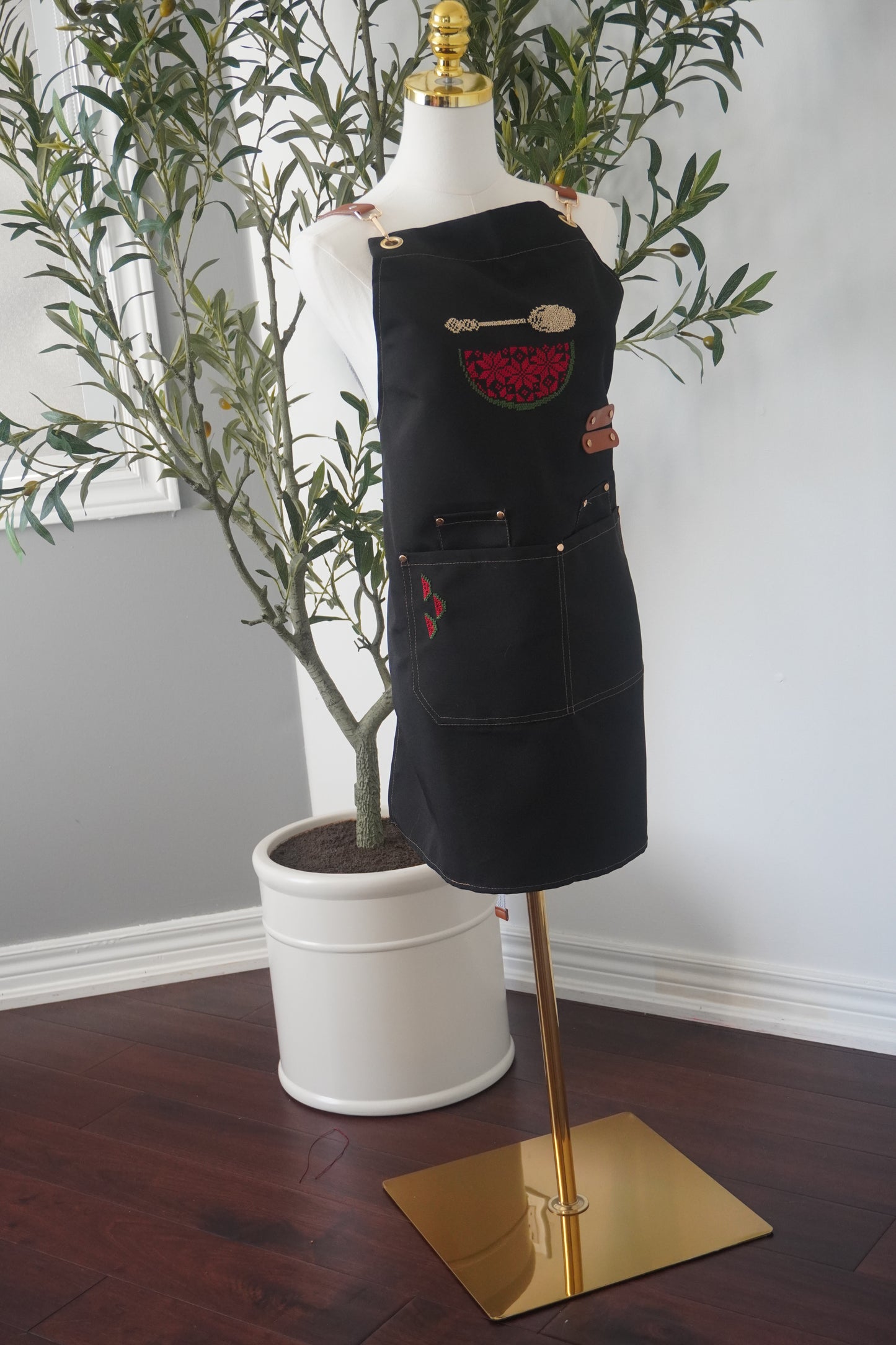 Adjustable Grey-Strap Apron with Hand-Embroidered Watermelon Design and Spoon in Cumon Color