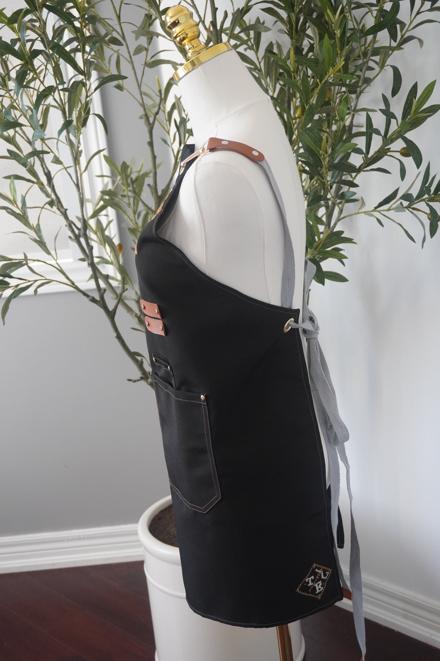 Adjustable Grey-Strap Apron with Hand-Embroidered Palestinian Modified Design in Cumon Color