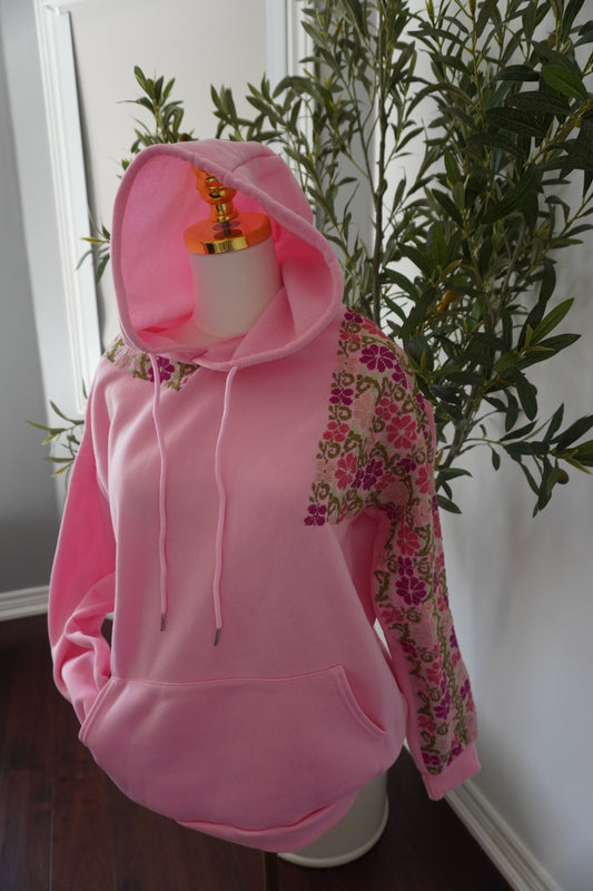 Unique Handmade Pink Hoodie with Beautiful Embroidered Flowers