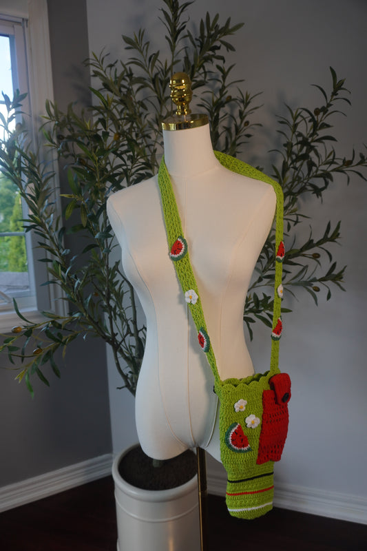Handmade Crochet Stanley 30oz Bottle Holder - Bright Green Watermelon & White Flowers
