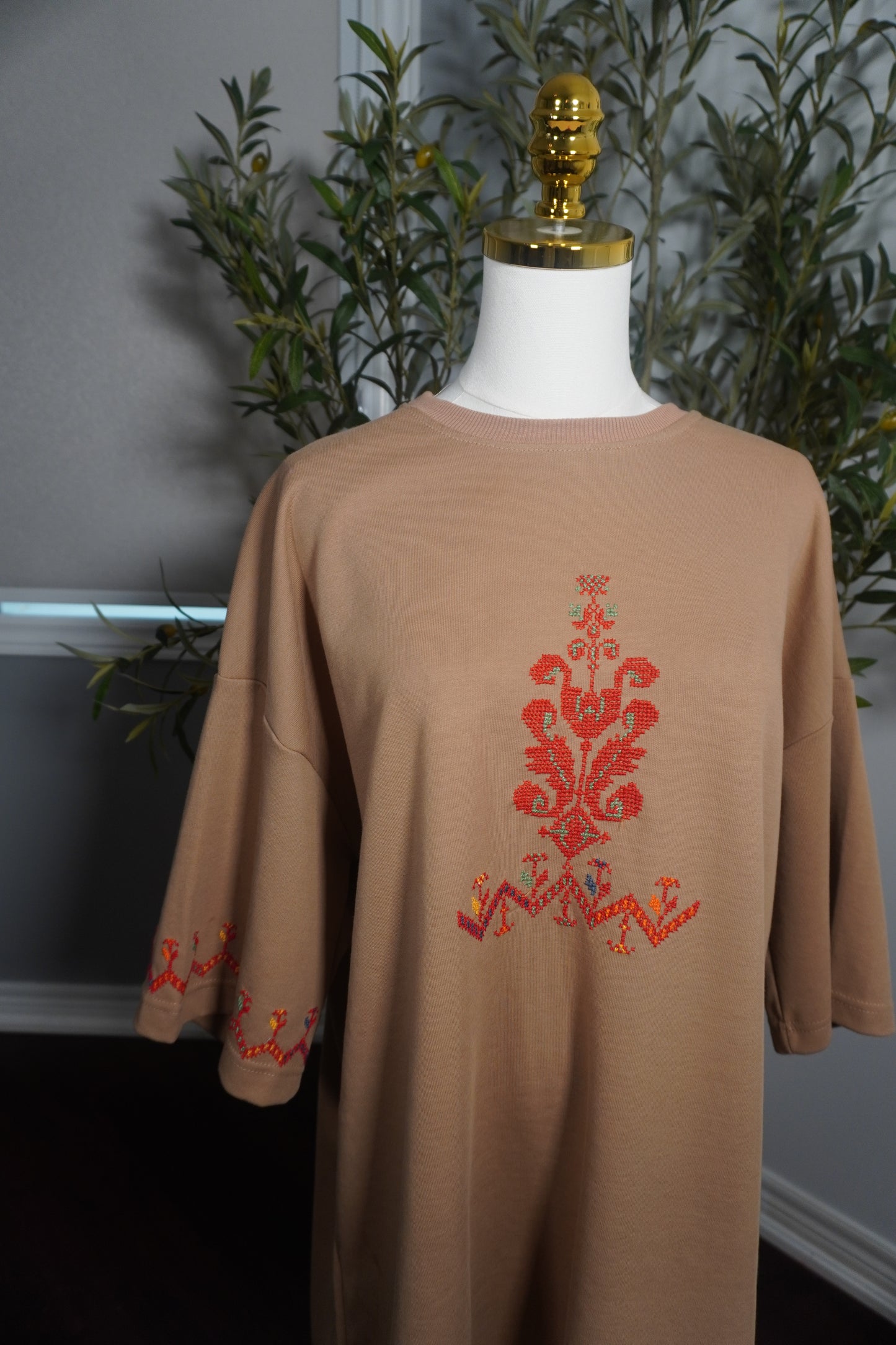 One-of-a-Kind Oversized Beige T-Shirt with Palestinian Tatreez Embroidery