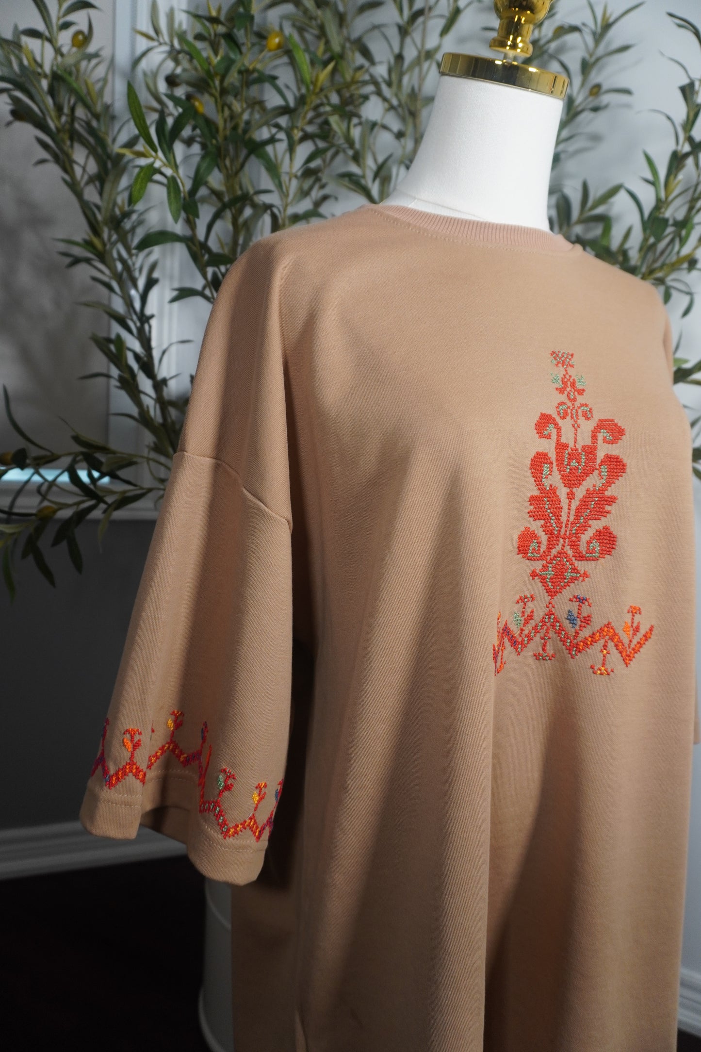 One-of-a-Kind Oversized Beige T-Shirt with Palestinian Tatreez Embroidery