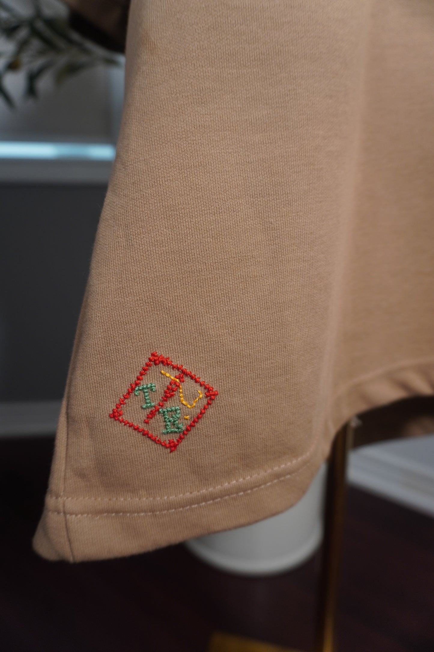 One-of-a-Kind Oversized Beige T-Shirt with Palestinian Tatreez Embroidery