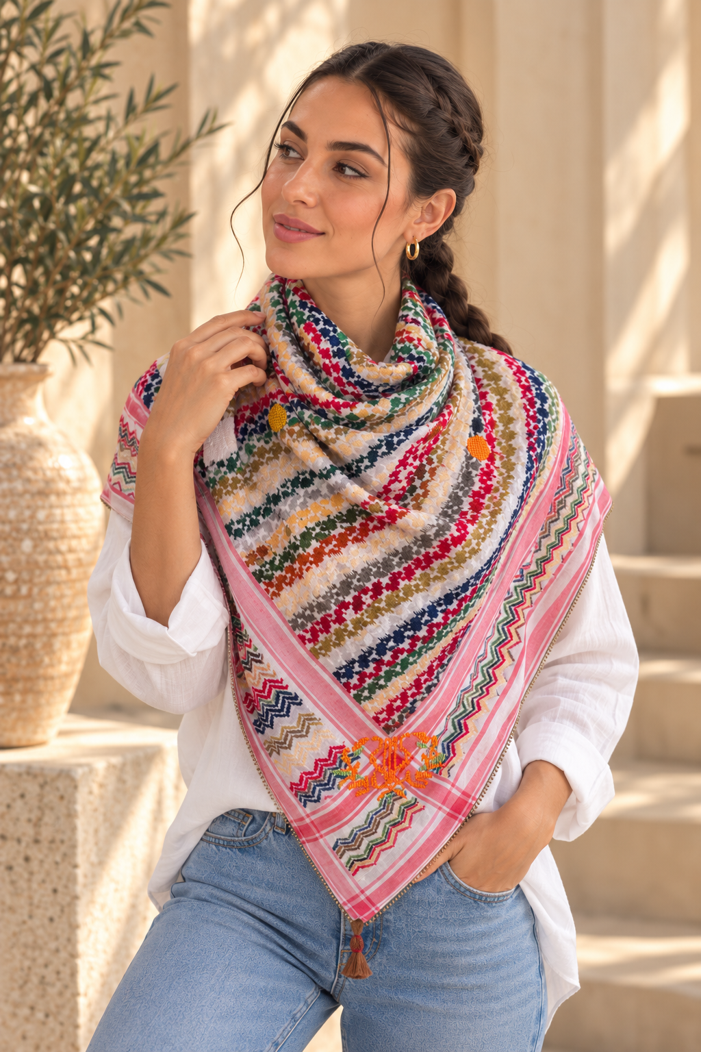 Earthy Handmade Keffiyeh: Elegant Beige with Vibrant Embroidery