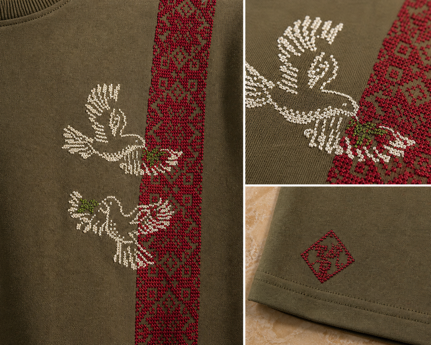 Salam: Handmade T-Shirt with Dove of Peace & Zeitoun Leaf Design
