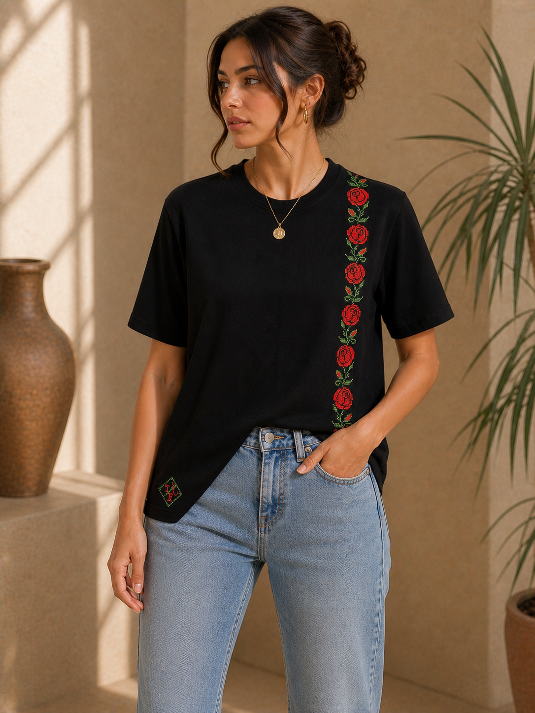 Honor: Handmade Oversized Black T-Shirt with Vibrant Palestinian Embroidery (Copy)
