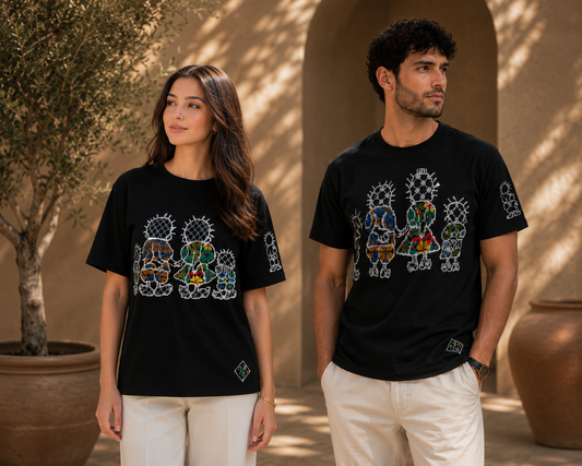 Black Cotton T-Shirt – Handhala Family Palestinian Tatreez in Beige, Green & Yellow