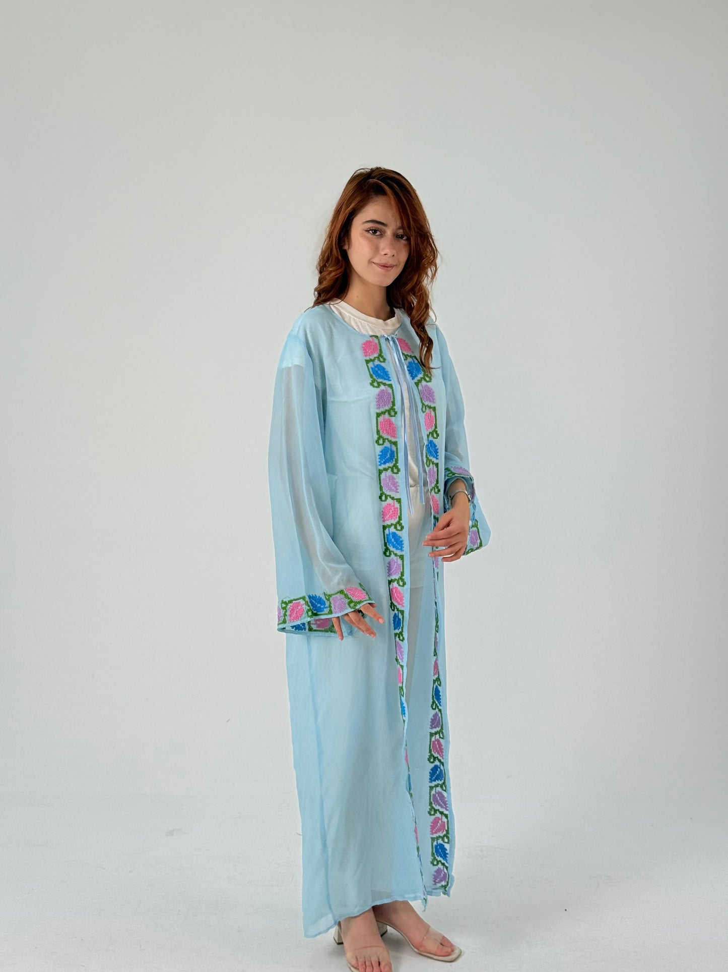 Fiona: Handmade Chiffon Light Blue Abaya with Vibrant Crochet