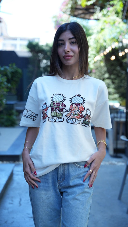 White Oversize T-Shirt – Hand-Embroidered Handhala Palestinian Tatreez